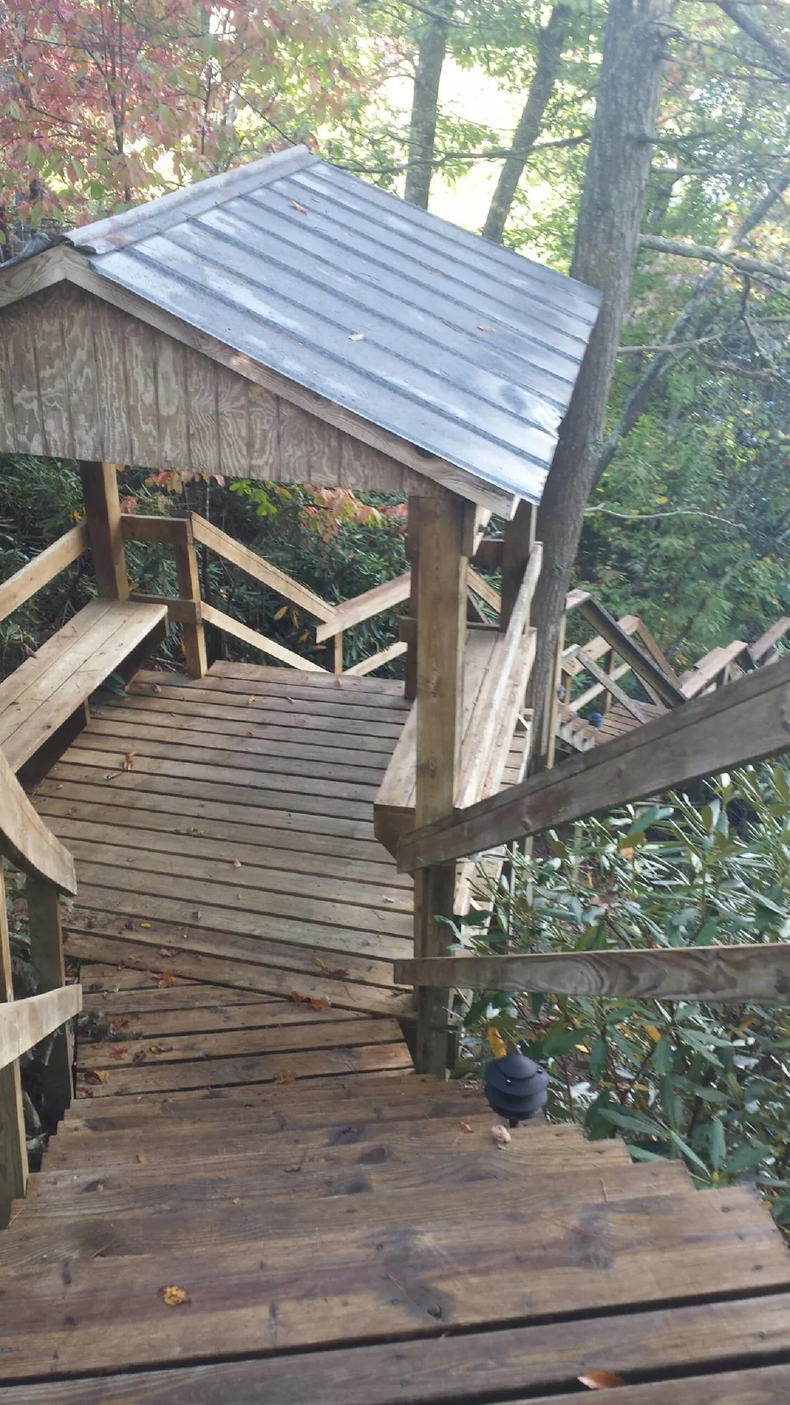 Metal roofed shelter over wooden steps on a wooded walkway — Skylight Repair & Installation work by our crew in Swannanoa
